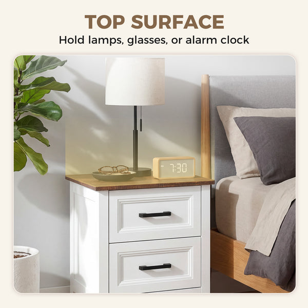 Set of 2 farmhouse style nightstands, with 2 drawers, wood effect top, white