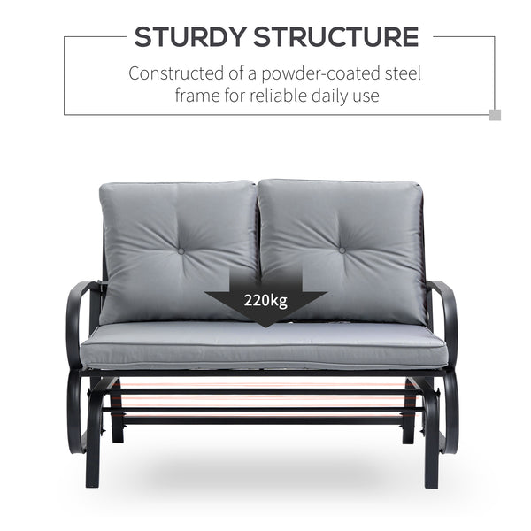 Two-seater rocking chair with steel frame and cushions, grey