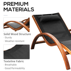 Wooden outdoor lounge chair, reclining with headrest, teak and black