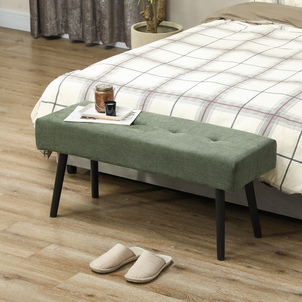 Corduroy Upholstered Ottoman Bench with Steel Legs, Green
