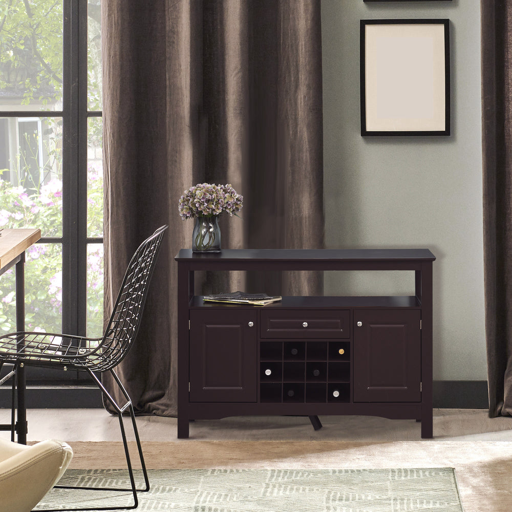 Modern kitchen buffet with drawer and 12-bottle wine rack, espresso color.