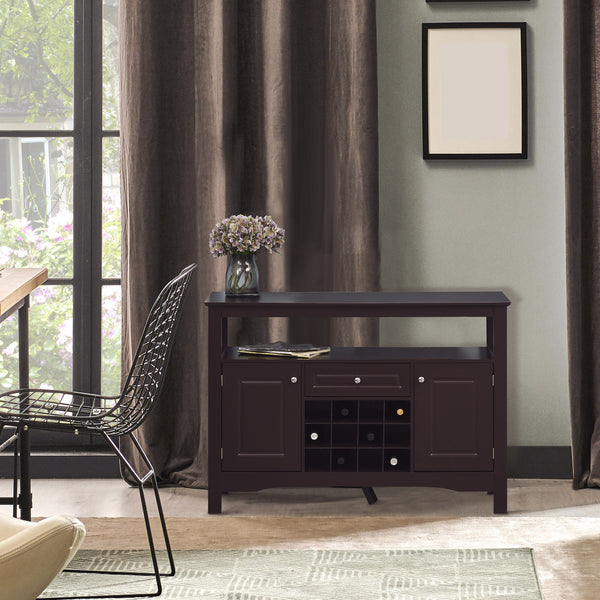 Modern kitchen buffet with drawer and 12-bottle wine rack, espresso color.