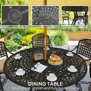 7 Piece Outdoor Dining Set for 6, Aluminum Patio Table and Chairs with Umbrella Hole and Cushions, Bronze