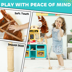 Plush horse with wooden wheels, whinnying and galloping sounds, brown