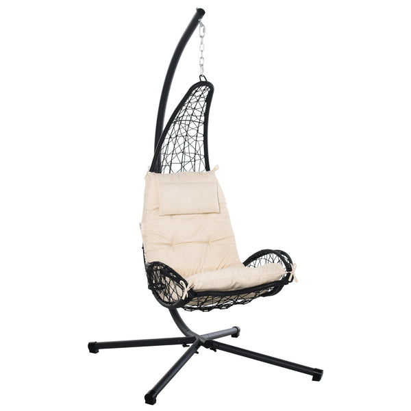 Outdoor Patio Wicker Hanging Egg Chair with Stand, Hammock Swing Chair with Cushion and Pillow, swing Chair with Stand, Cup Holder for Backyard, Garden, Porch, Beige