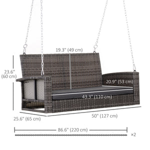 Hanging swing for 2 people in rattan with cushion and steel chains, grey