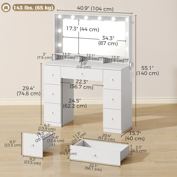 Vanity Table with 10 Dimmable LED Lights and Charging Station, White
