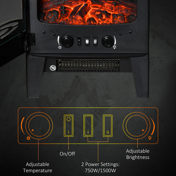 Freestanding fireplace stove with realistic flame effect and adjustable temperature 750W/1500W, black