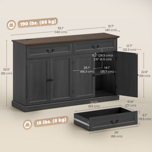 Farmhouse style buffet with charging station, 2 drawers and 2 adjustable shelves, gray wood finish