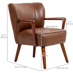 Modern upholstered armchair in faux leather with wooden legs and wide padded seat, brown