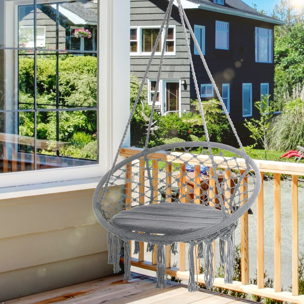 Hanging rope hammock with backrest, dark grey