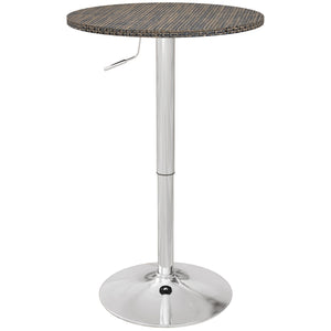 Adjustable bar table with synthetic rattan top and steel base, brown
