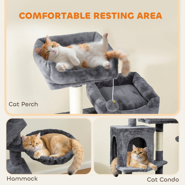 178cm Multi-Level Cat Tree with 2 Cabins, 2 Perches, Hammock, Play Balls, Dark Grey