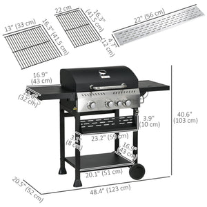 38,000 BTU propane gas barbecue with 3 main burners and 1 side burner, black