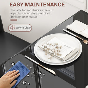 Glass Dining Table and Chair Set with Metal Frame and Faux Leather Upholstery, Black