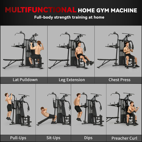 Multifunction home gym with 152 lb adjustable weight stack