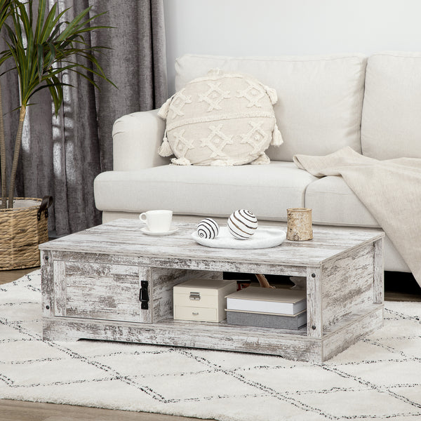 Vintage style coffee table with cabinet, open storage compartments, white