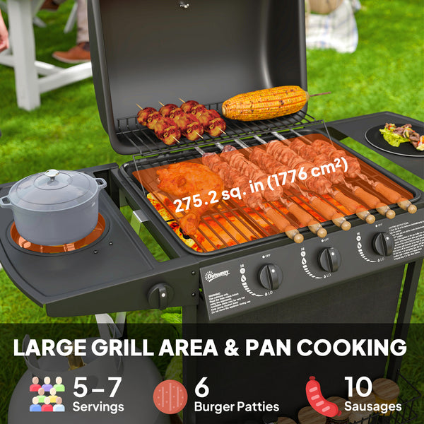 3-burner propane gas barbecue with side burner, thermometer, black