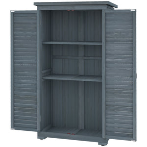 Wooden garden shed with 3-tier shelves, asphalt roof and shuttered doors