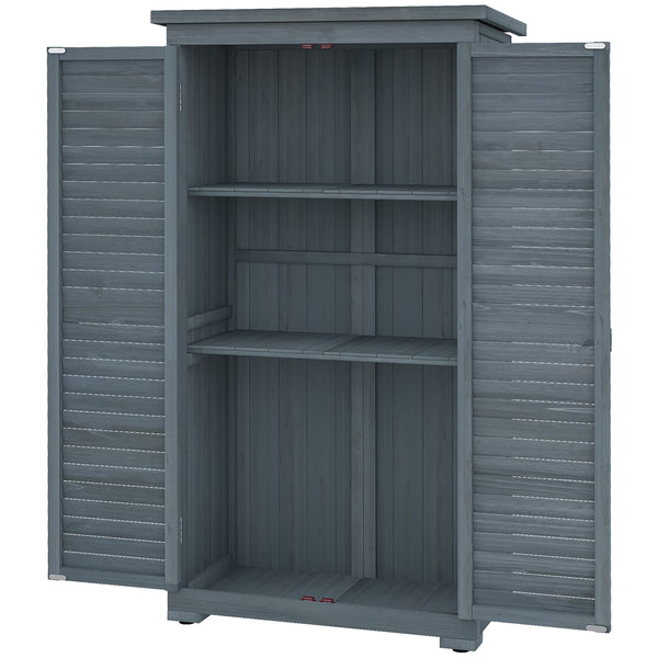 Wooden garden shed with 3-tier shelves, asphalt roof and shuttered doors