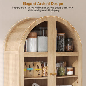 Tall oak-effect pantry with arched doors, drawers, and adjustable shelves