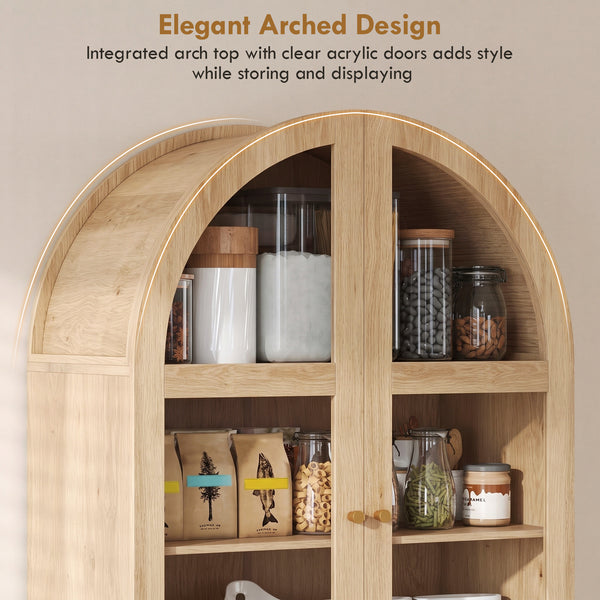 Tall oak-effect pantry with arched doors, drawers, and adjustable shelves
