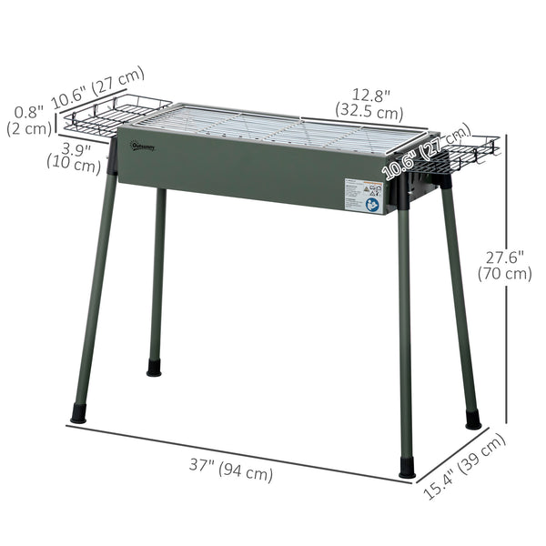 Portable charcoal barbecue with side spice baskets, dark green