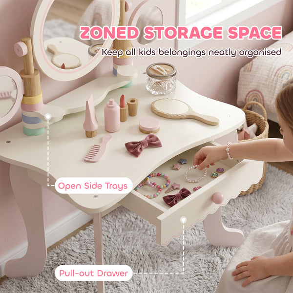 Children's dressing table with 3 mirrors and stool, pink