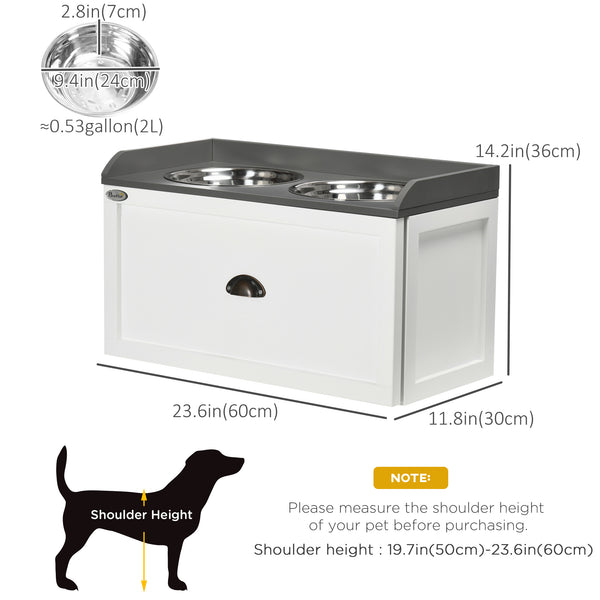 Elevated dog bowls with storage, white