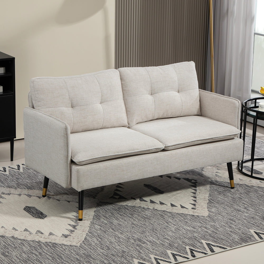 Modern fabric loveseat sofa with tufted back and steel legs, cream white