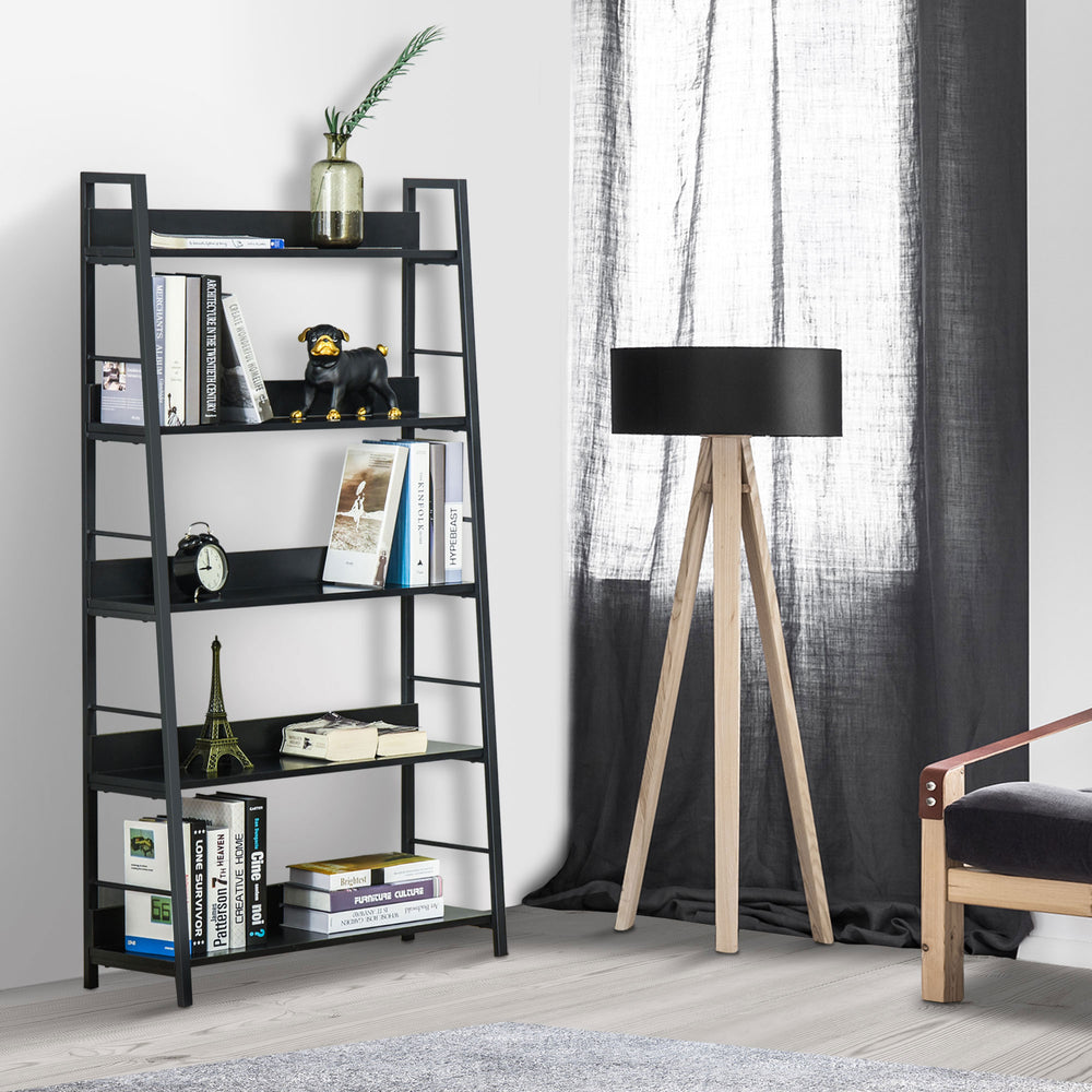 Modern bookcase with wide 5-tier shelves, metal frame, black