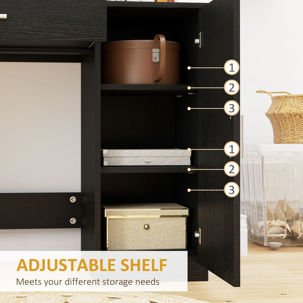 Dressing table with mirror, drawer, open compartment and shelves, black