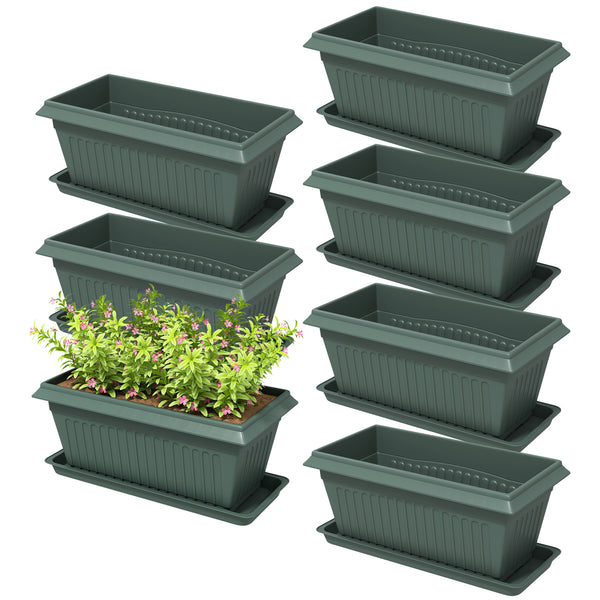 Set of 7 plastic flower pots with drainage holes and saucers
