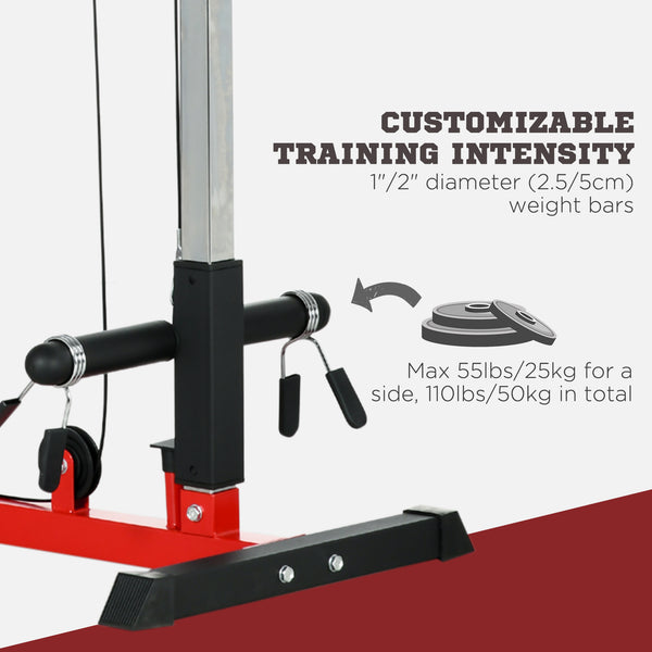 Vertical row machine with adjustable seat and retractable footrest, red