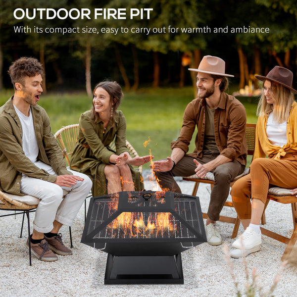 Wood-burning fireplace with cooking grate, spark screen and poker, black