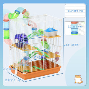 5-Level Portable Hamster Cage with Exercise Wheels, Play Tube, Water Bottle, Bowl, Ladder for Gerbils, Orange