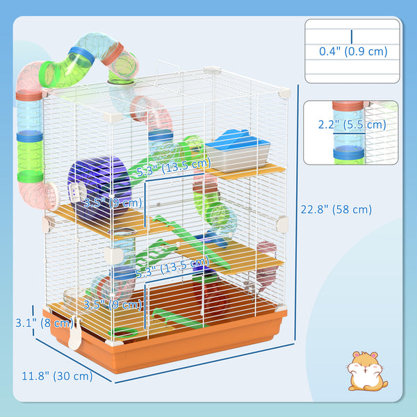 5-Level Portable Hamster Cage with Exercise Wheels, Play Tube, Water Bottle, Bowl, Ladder for Gerbils, Orange