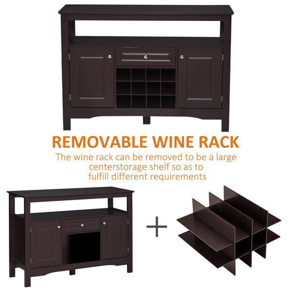 Modern kitchen buffet with drawer and 12-bottle wine rack, espresso color.