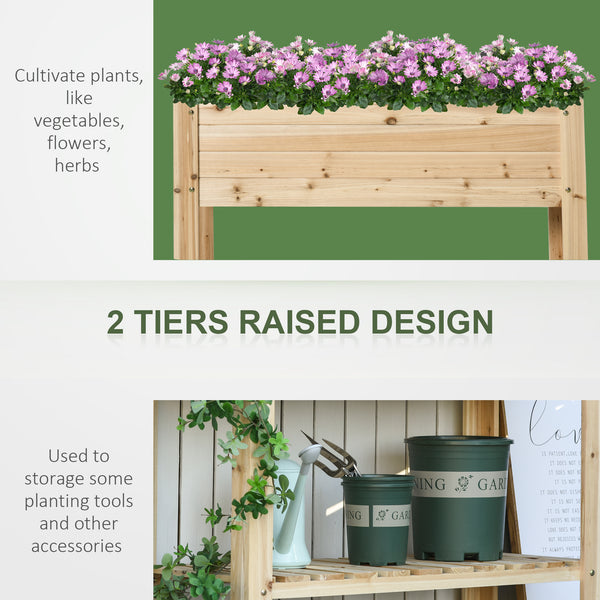 Raised Bed with Storage Shelf, Garden Patio Covering, Natural Wood
