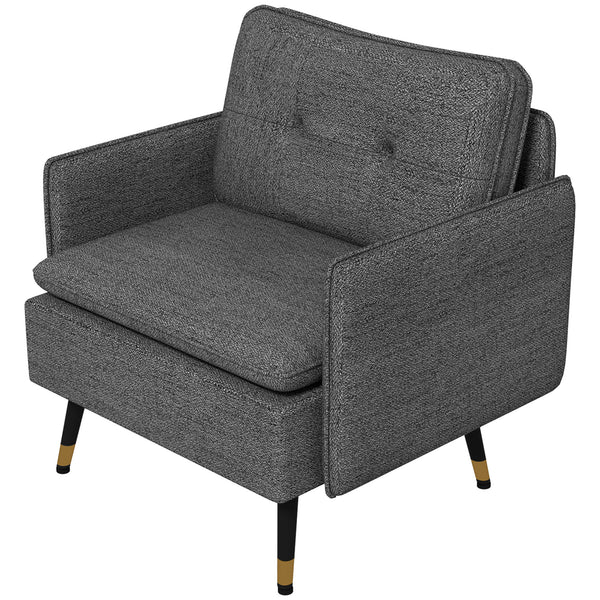 Modern upholstered accent chair with tufted back and steel legs, dark gray