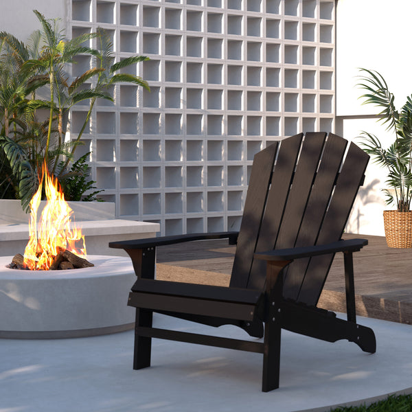 Wooden Slatted Adirondack Chair for Patio, Garden, Backyard, Fire Pit, Black
