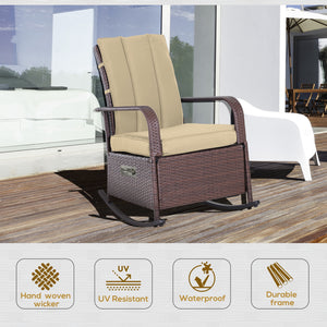 Outdoor rocking chair in PE rattan with cushion and footrest