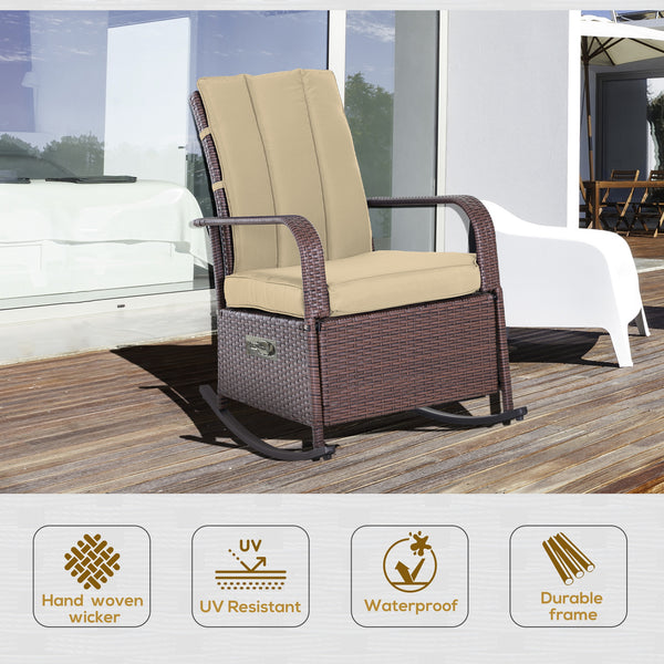 Outdoor rocking chair in PE rattan with cushion and footrest