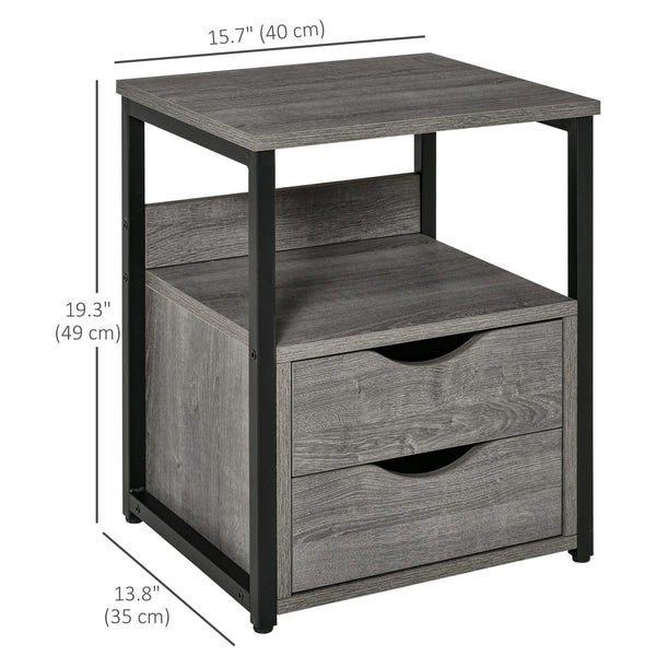 Bedside table with 2 drawers and storage shelf, gray