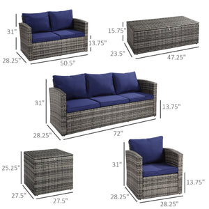 6 Piece Wicker Furniture Set with Cushions, 7 Seater Rattan Garden Sofa with Storage Table, Navy Blue