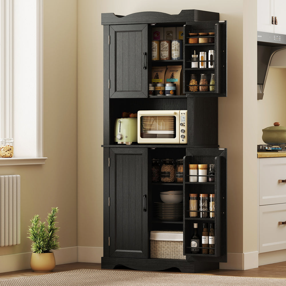 Kitchen cabinet with 12 door shelves and microwave stand, black