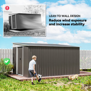 Grey steel garden shed with double sliding doors and 2 vents