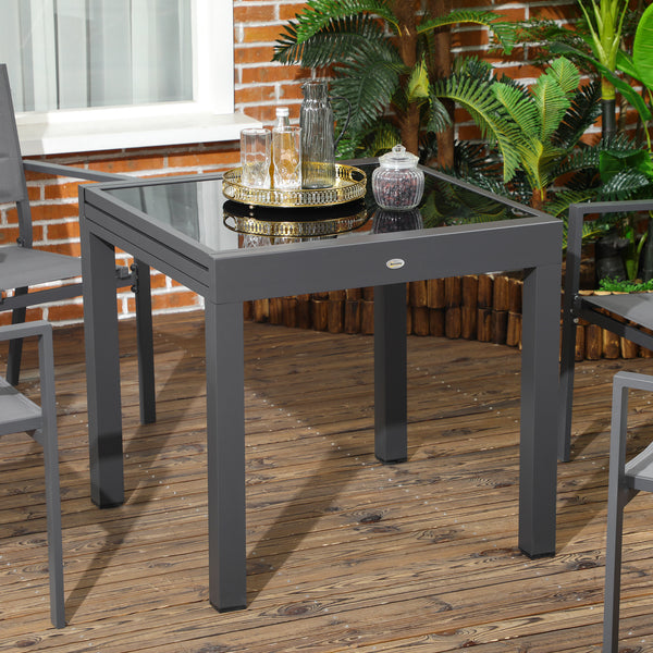 Extendable garden table with aluminum frame and tempered glass top, black