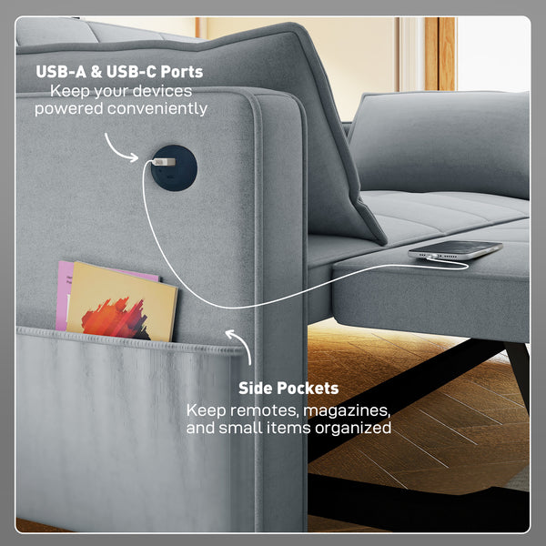 3-in-1 convertible sofa bed with USB port, adjustable backrest and side pockets, light grey.