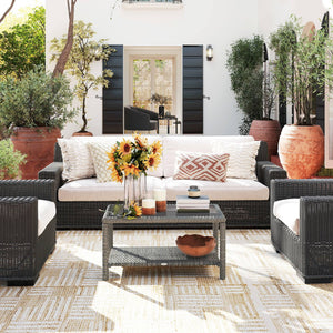 Outdoor Wicker Coffee Table with Glass Top, Dark Grey